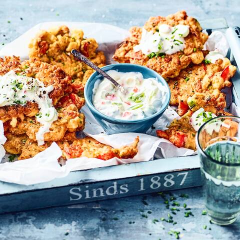 Leckere kleine Küchlein aus gekochtem Blumenkohl mit einem Frühlingszwiebel-Dip - ein schnelles Mittagessen oder auch als Beilage für Abends eine Möglichkeit. 