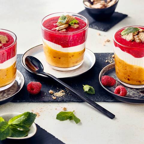 Unser Tipp für ein fruchtiges Sommer-Dessert: Probieren Sie unseren bunten Schichtbecher mit pürierten Nektarinen, Aprikosen und Himbeeren mit Joghurt – raffiniert und lecker! 