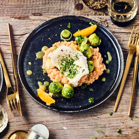 Fischfilet mit Rosenkohl und Kartoffelbrei