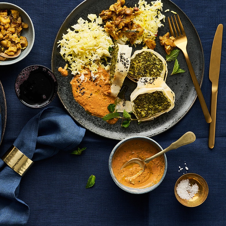 Grünkohl-Strudel mit Mumbai-Currysauce