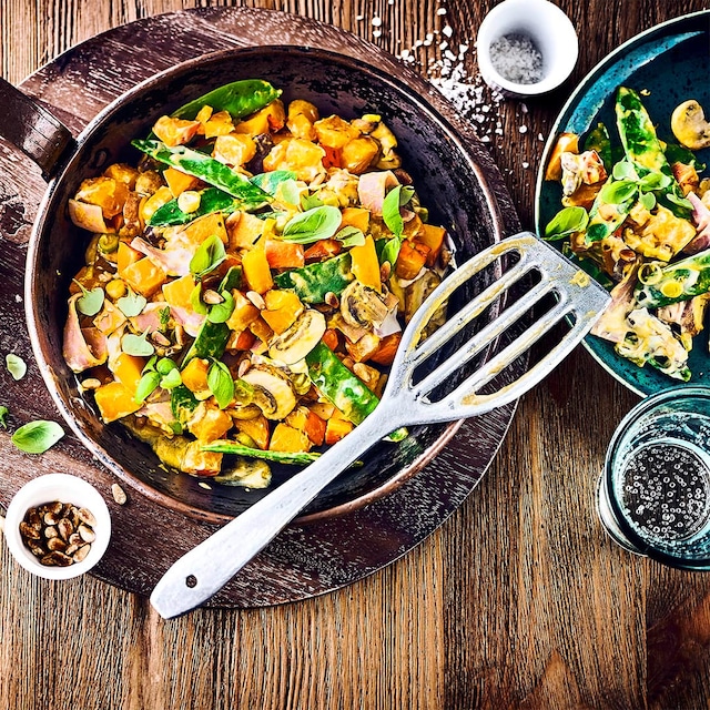 Deftiges Herbstgericht: Bereiten Sie in unter 30 Minuten unsere leckere Kürbispfanne mit gekochtem Schinken, Pilzen, Kaiserschoten und Schupfnudeln zu!