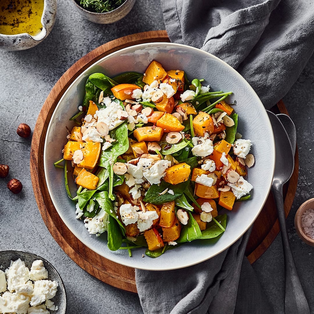 Lauwarmer Kürbis-Spinat-Salat mit Haselnüssen