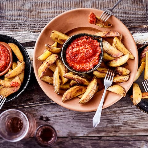 Mojo Rojo ist eine scharfe spanische Sauce, die von den Kanaren kommt und zum Beispiel perfekt zu Kartoffelspalten passt. 