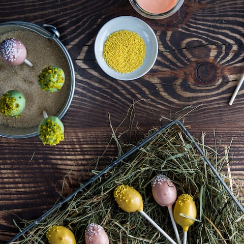 Unser Rezept für Oster-Cake-Pops zeigt Ihnen genau, wie Sie bunte Kucheneier am Stiel herstellen. Die Verzierung besteht aus weißer Schokolade.