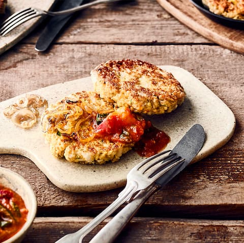Vegetarischer Snack für Burger-Liebhaber: Probieren Sie unsere Bratlinge aus Rettich, Tofu und Ei mit pikanter Gemüse-Tomaten-Soße!