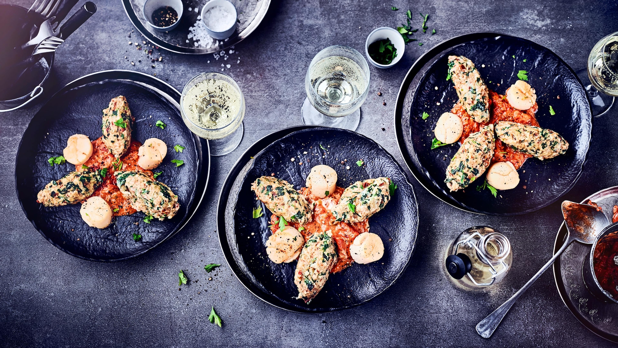 Spinatnocken mit Muscheln