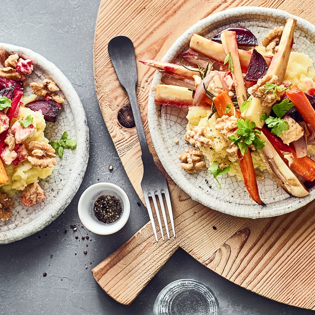 Wurzelgemüse mit Kartoffel-Sellerie-Stampf