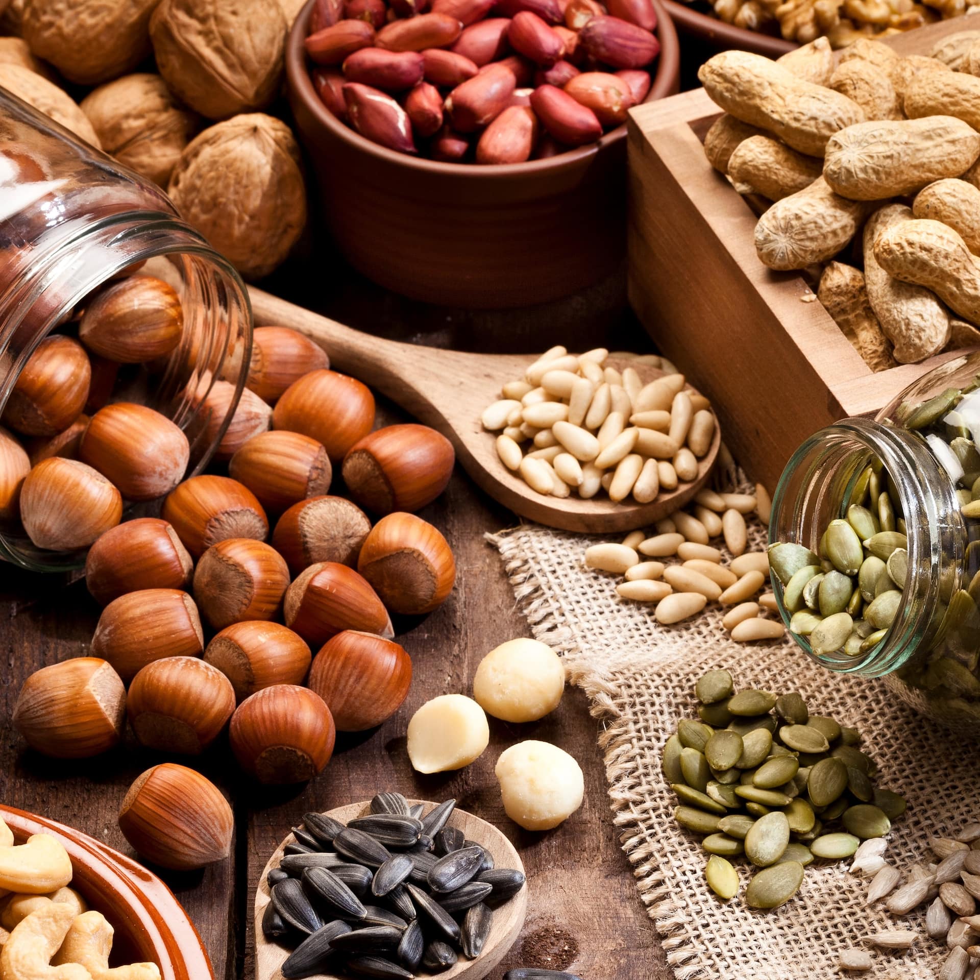 Nüsse und Hülsenfrüchte mit Phosphor in Schalen.