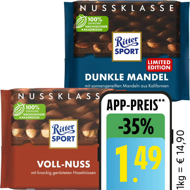 Ritter Sport Schokolade Nuss- oder Kakao-Klasse
