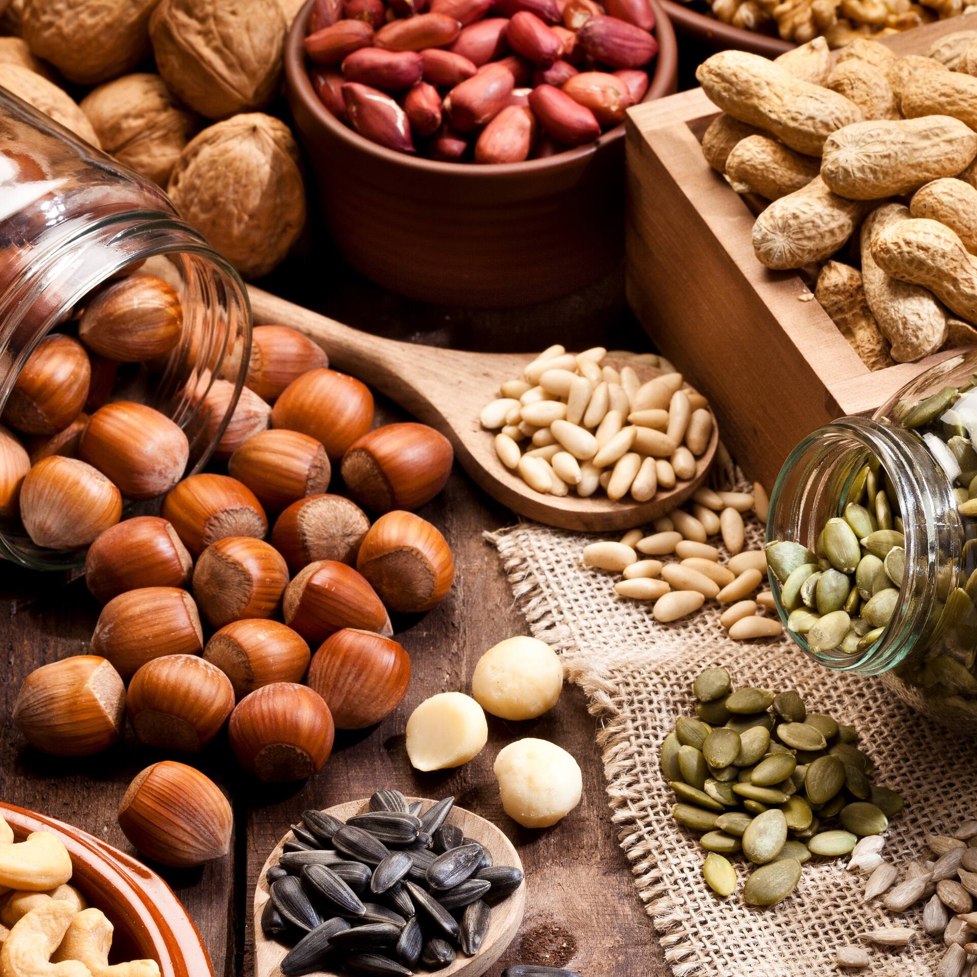 Nüsse und Hülsenfrüchte mit Phosphor in Schalen.