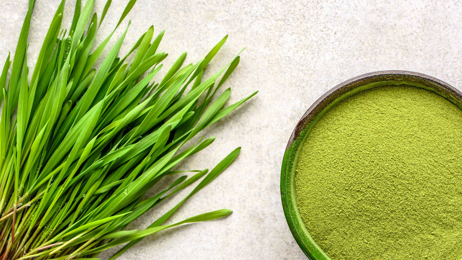 Weizengras roh und als Pulver auf weißem Hintergrund.