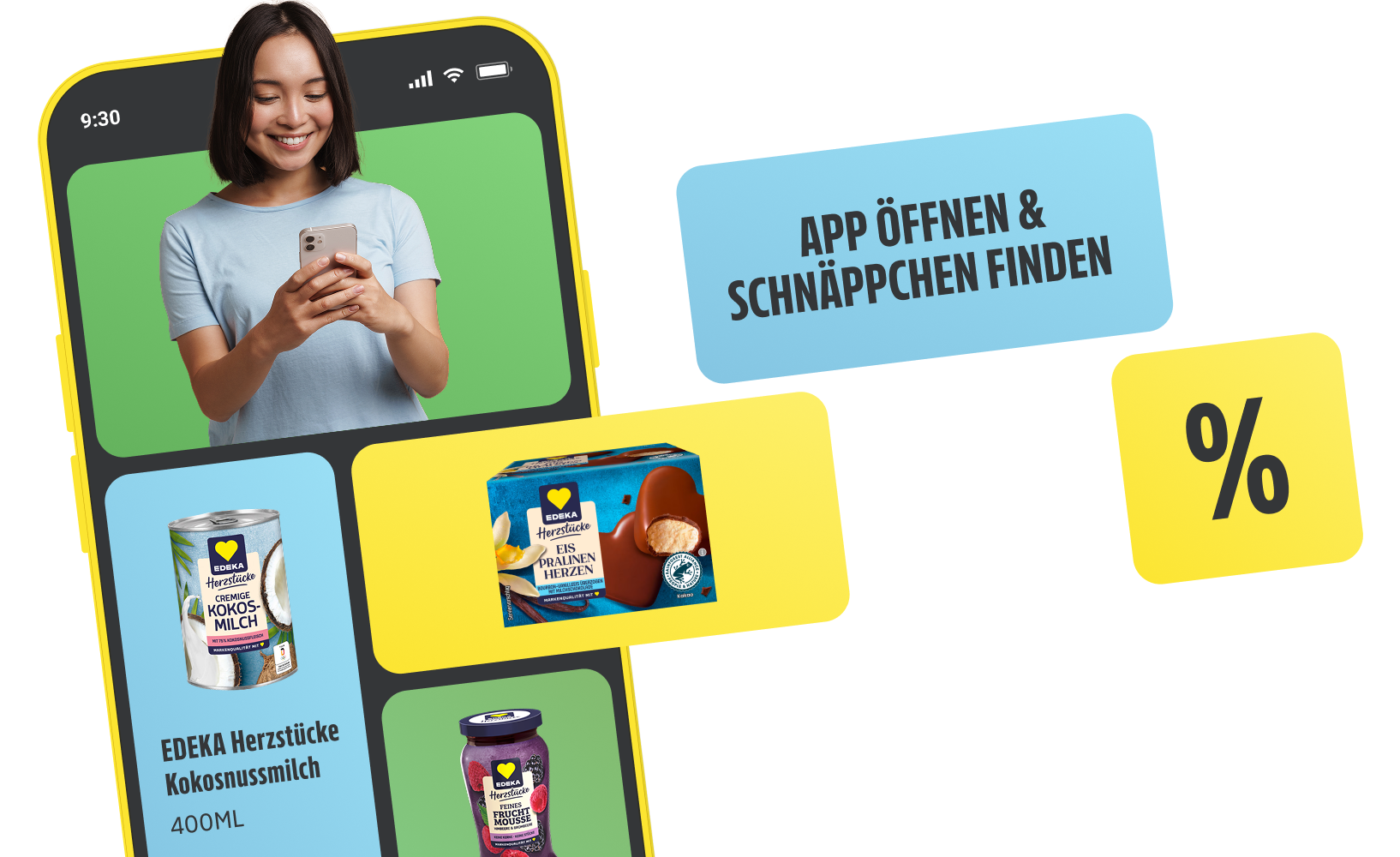 Grafik eines Mobiltelefon mit dem Hinweis "App öffnen & Schnäppchen finden“..