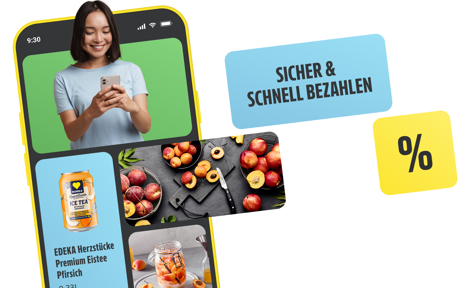 Grafik eines Mobiltelefon mit dem Hinweis "sicher & schnell bezahlen".
