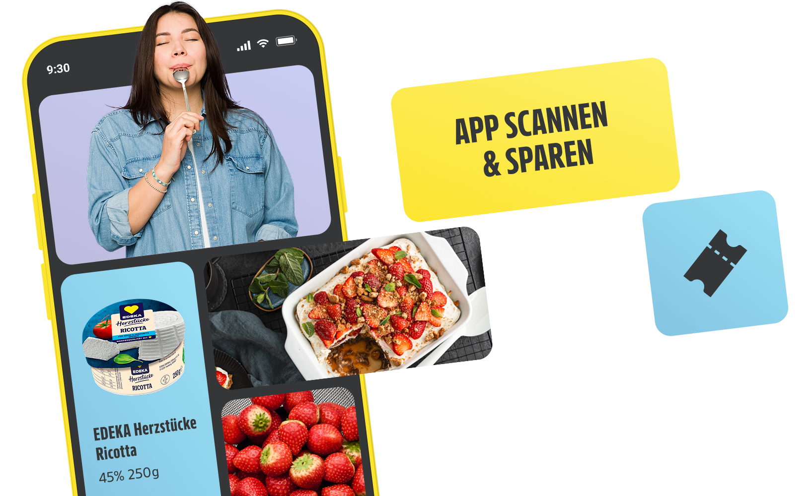 Grafik eines Mobiltelefon mit dem Hinweis "App scannen & sparen".