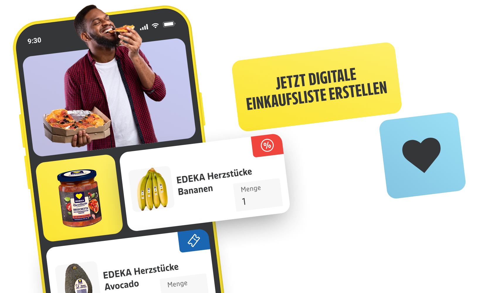 Grafik eines Mobiltelefon mit dem Hinweis "Jetzt digitale Einkaufsliste erstellen". Dazu ein Bild von einer Schwarzen männlichen Person, die ein Stück Pizza abbeißt.