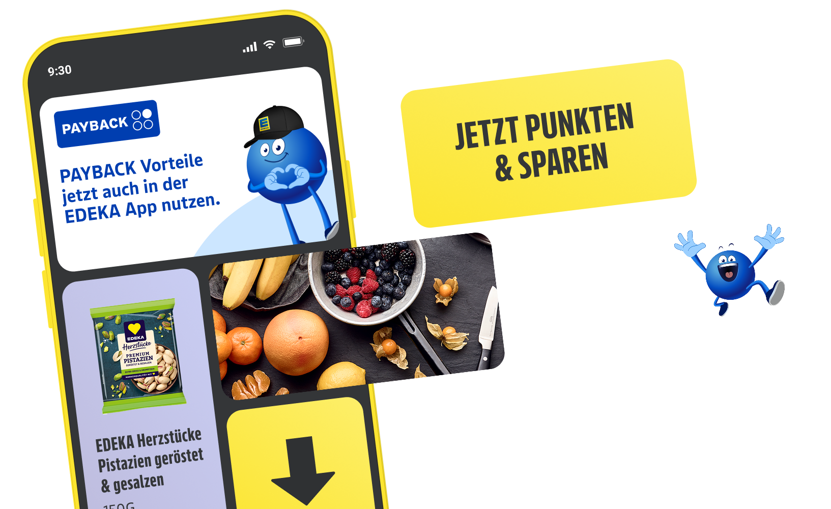 Grafik eines Mobiltelefon mit dem Hinweis "PAYBACK-Vorteile jetzt auch in der EDEKA App.", ein PAYBACK Punkt lacht dazu fröhlich.