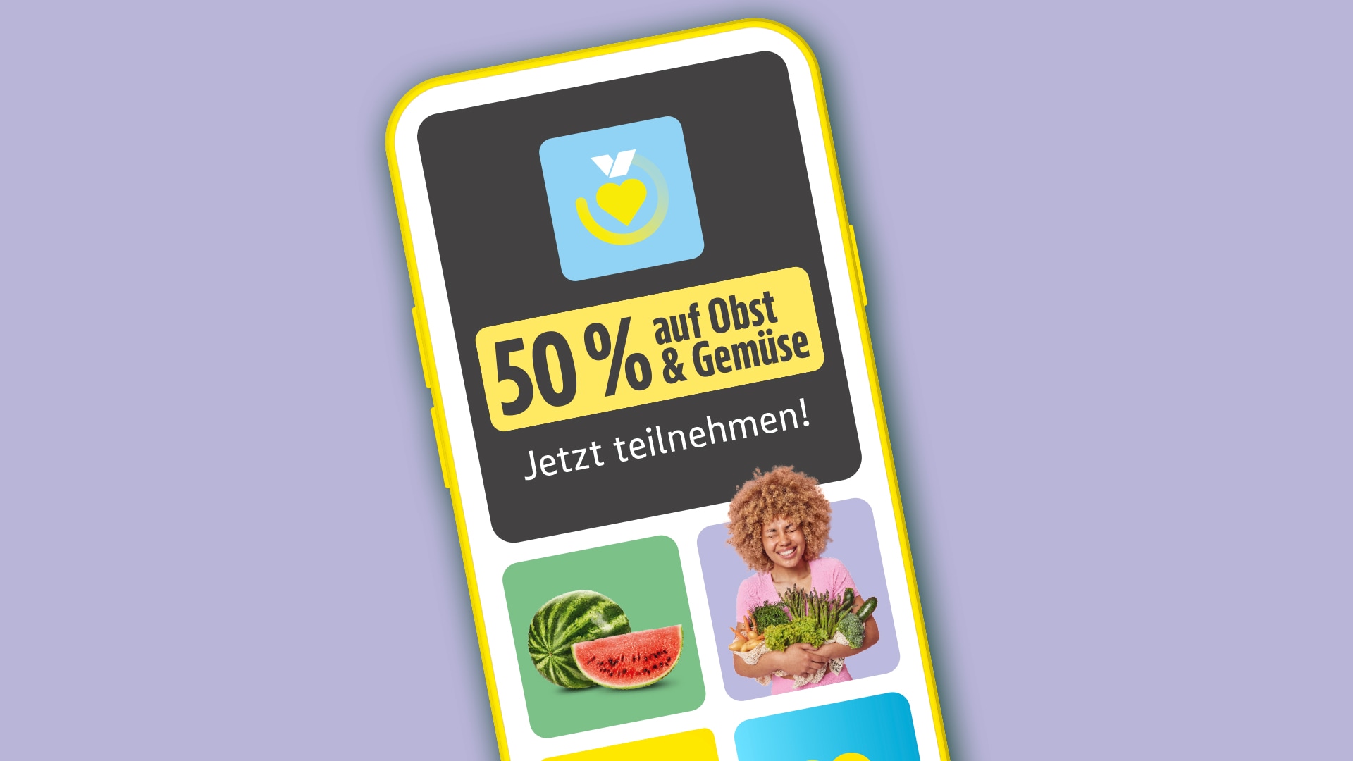 Smartphone mit EDEKA App Challenge: 50 % Rabatt auf Obst und Gemüse.