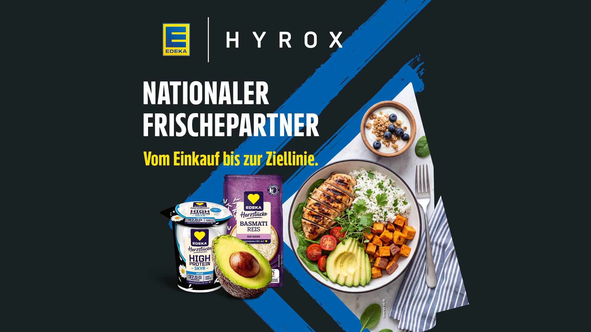 EDEKA und HYROX Partnerschaft mit Sporternährungsprodukten und Fitness-Bowl.