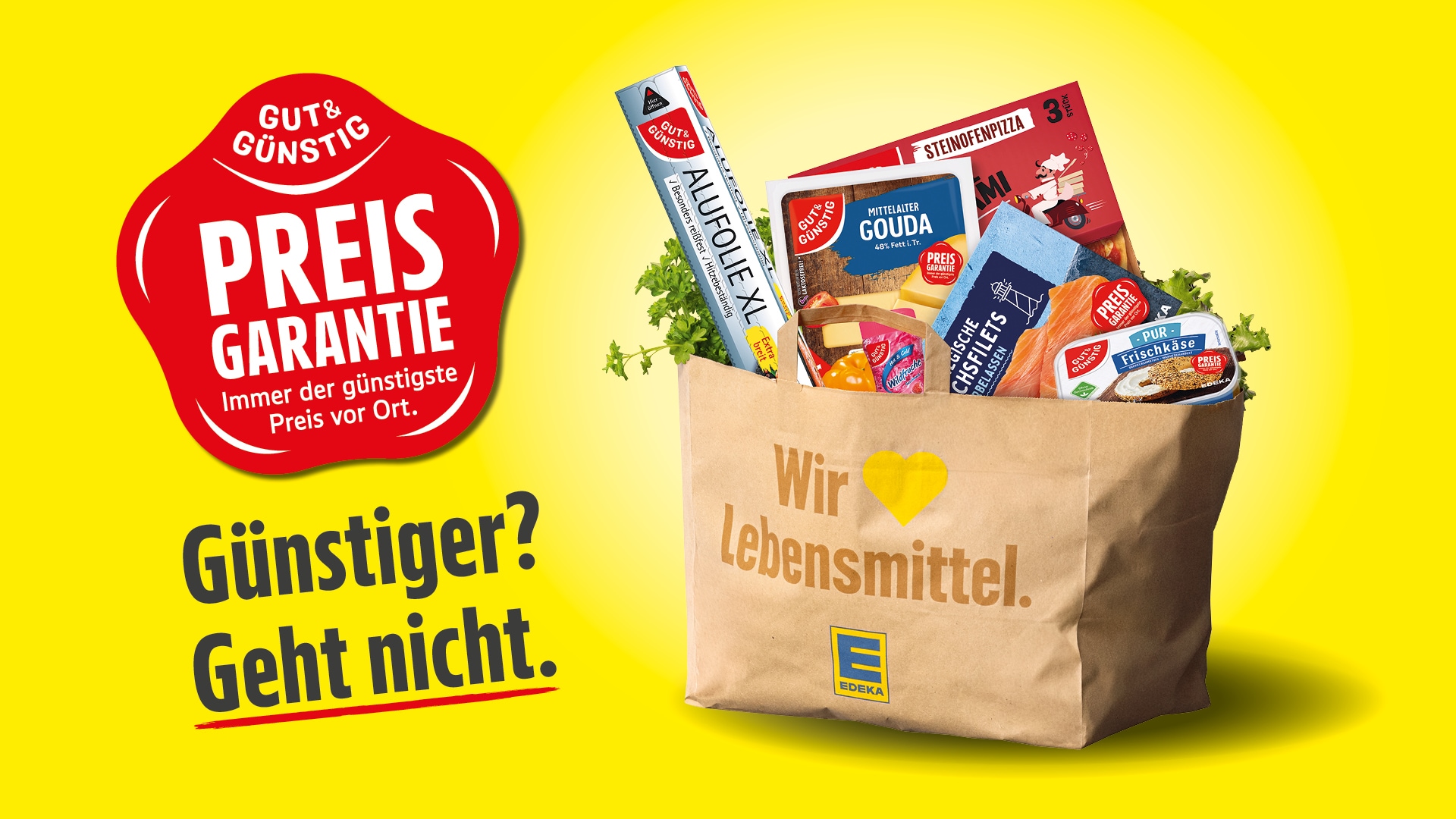 GUT&GÜNSTIG Preisgarantie-Siegel und gefüllte Einkaufstüte mit GUT&GÜNSTIG Produkten. Text: „Günstiger? Geht nicht.“ und „PREIS GARANTIE“.