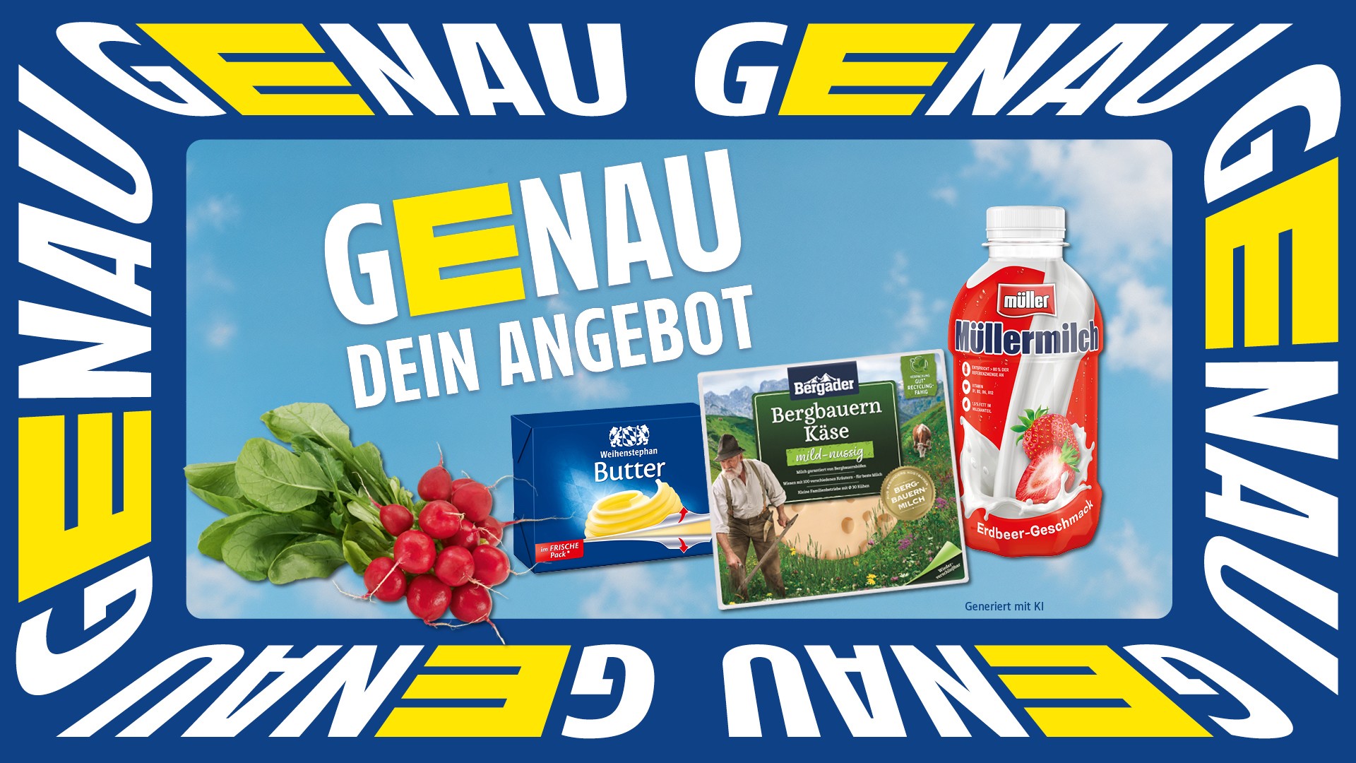 "Genau dein Angebot" mit Radieschen, Butter, Bergbauern Käse und Müllermilch.