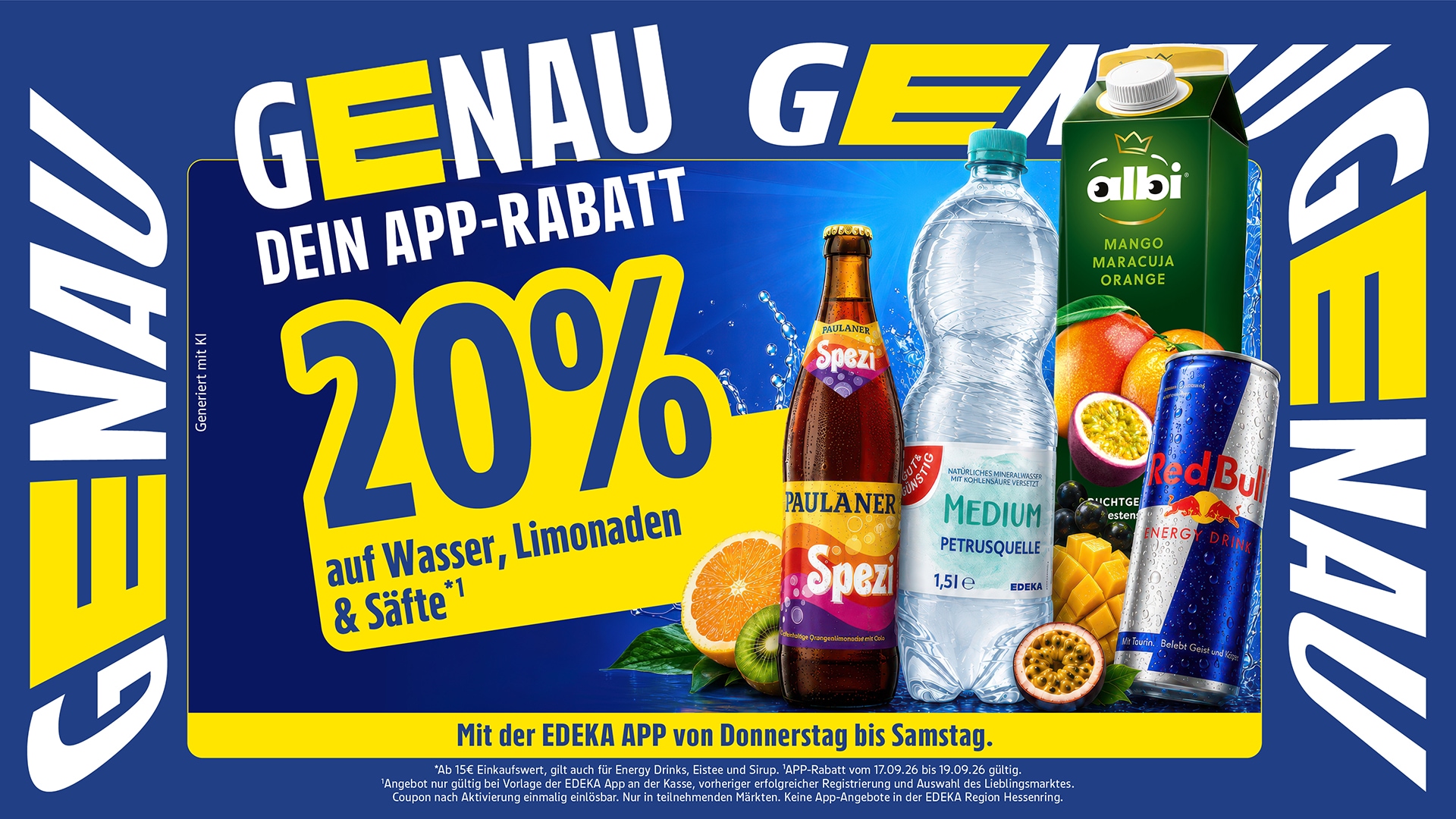 GENAU dein App-Rabatt: 20 % auf Wasser, Limonaden & Säfte.