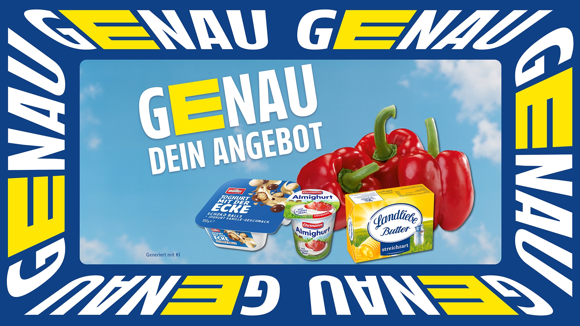 "Genau dein Angebot" mit Paprika, Landliebe Butter, Almighurt und Joghurt mit der Ecke.