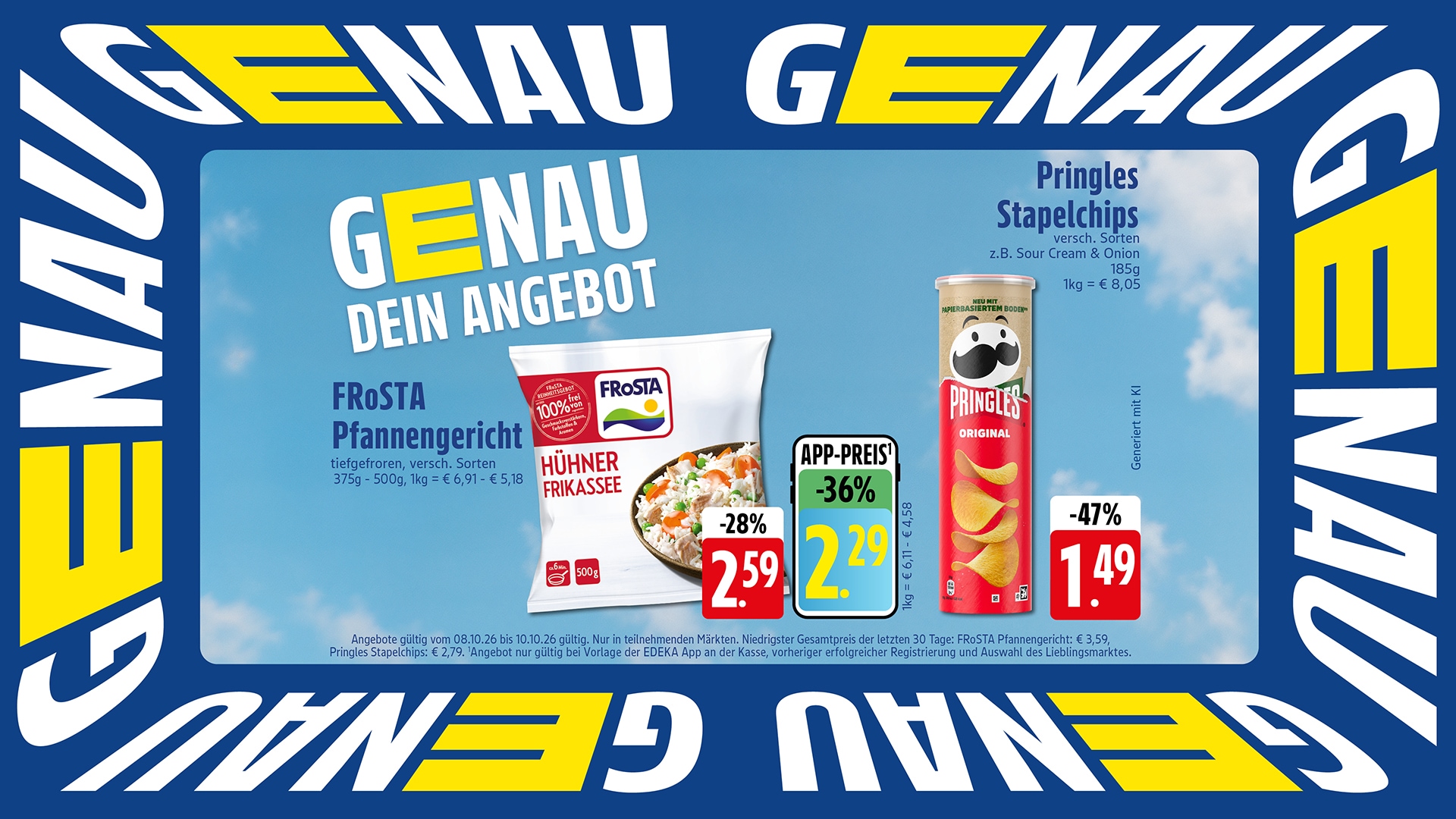 Genau dein Angebot mit Produktabbildungen von Frosta Pfannengericht und Pringles Stapelchips.