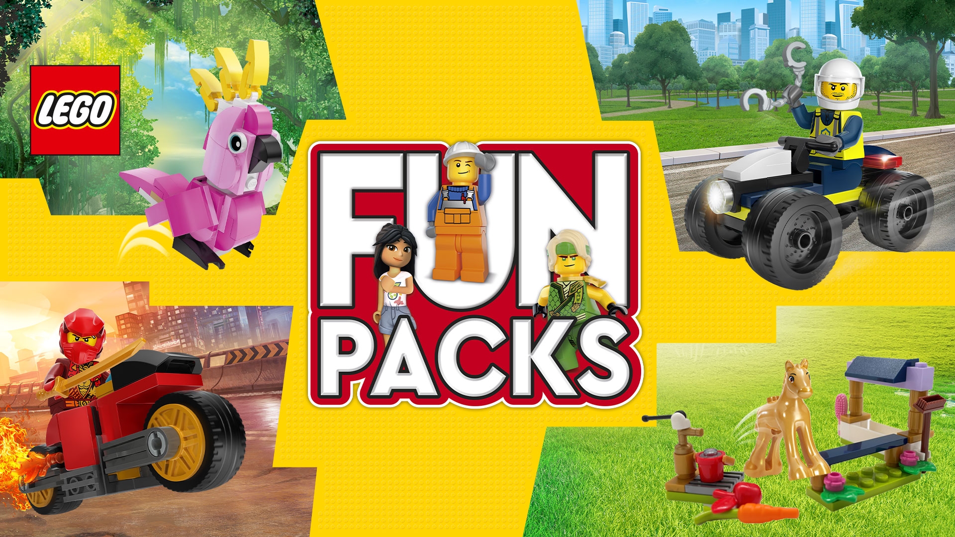 LEGO-Grafik mit „FUN PACKS“ und verschiedenen LEGO-Sets.