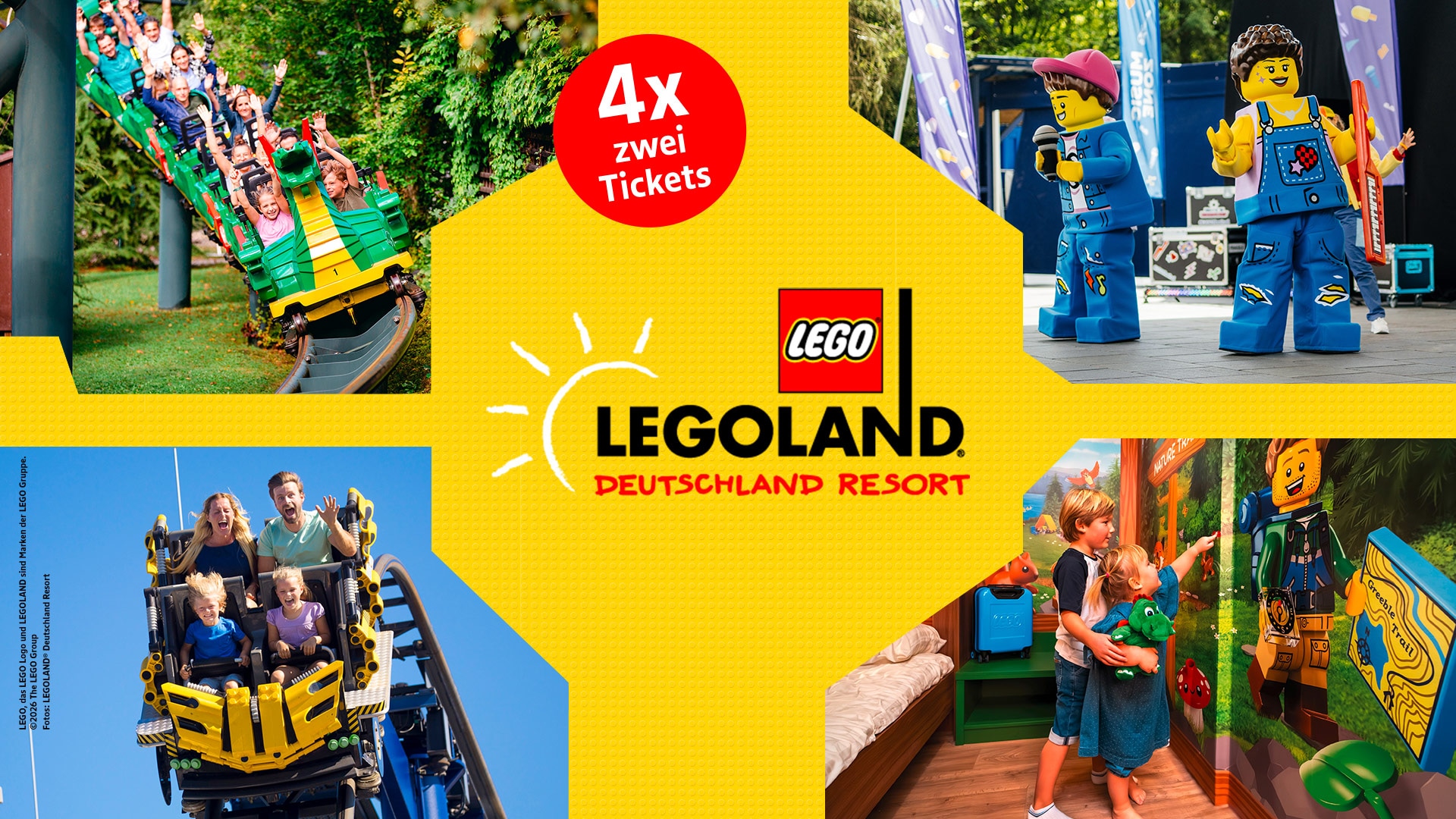 LEGOLAND Deutschland Resort: Bilder von Achterbahnen, LEGO-Figuren und spielenden Kindern um das zentrale LEGOLAND-Logo, mit Hinweis „4× zwei Tickets“ auf gelbem Hintergrund.