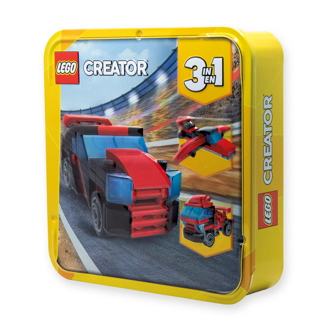 LEGO Creator 3-in-1 Spielzeugdose mit rotem Rennwagen sowie alternativen Flugzeug- und LKW-Modellen.