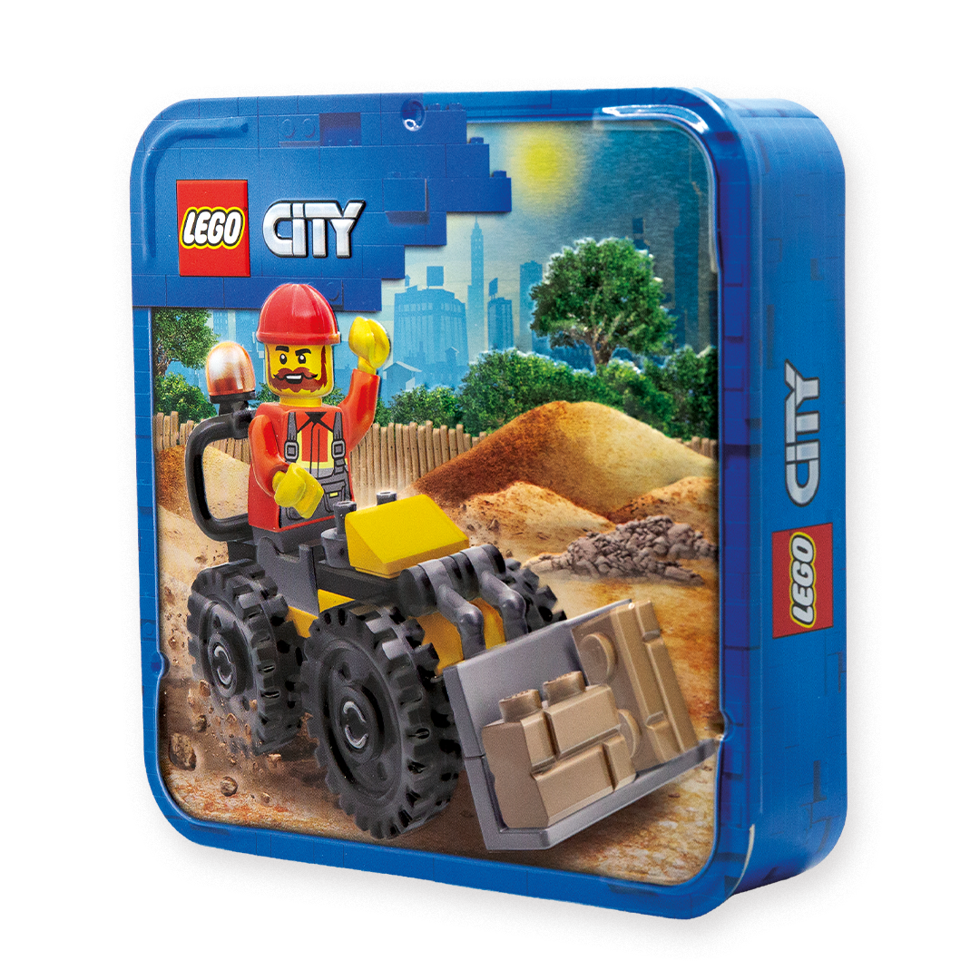 LEGO City Funpack mit Bagger und LEGO-Figur auf einer Baustelle.
