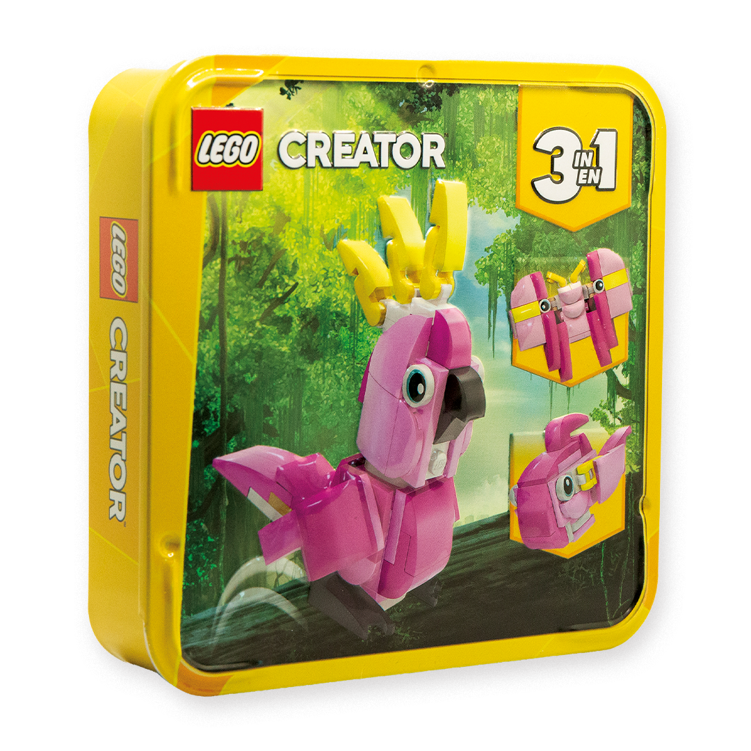 LEGO Creator 3-in-1 Spielzeugdose mit rosa Vogel sowie alternativen Fisch- und Vogel-Modellen im Dschungelmotiv.
