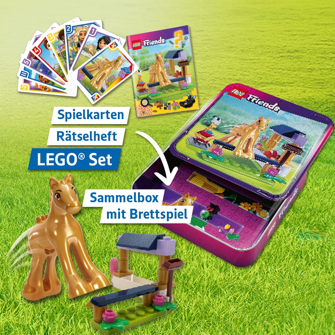 LEGO Friends Sammelbox mit Brettspiel, Spielkarten, Rätselheft und kleinem LEGO-Set; dazu eine Pferdefigur und ein kleiner Pferdestall aus LEGO.