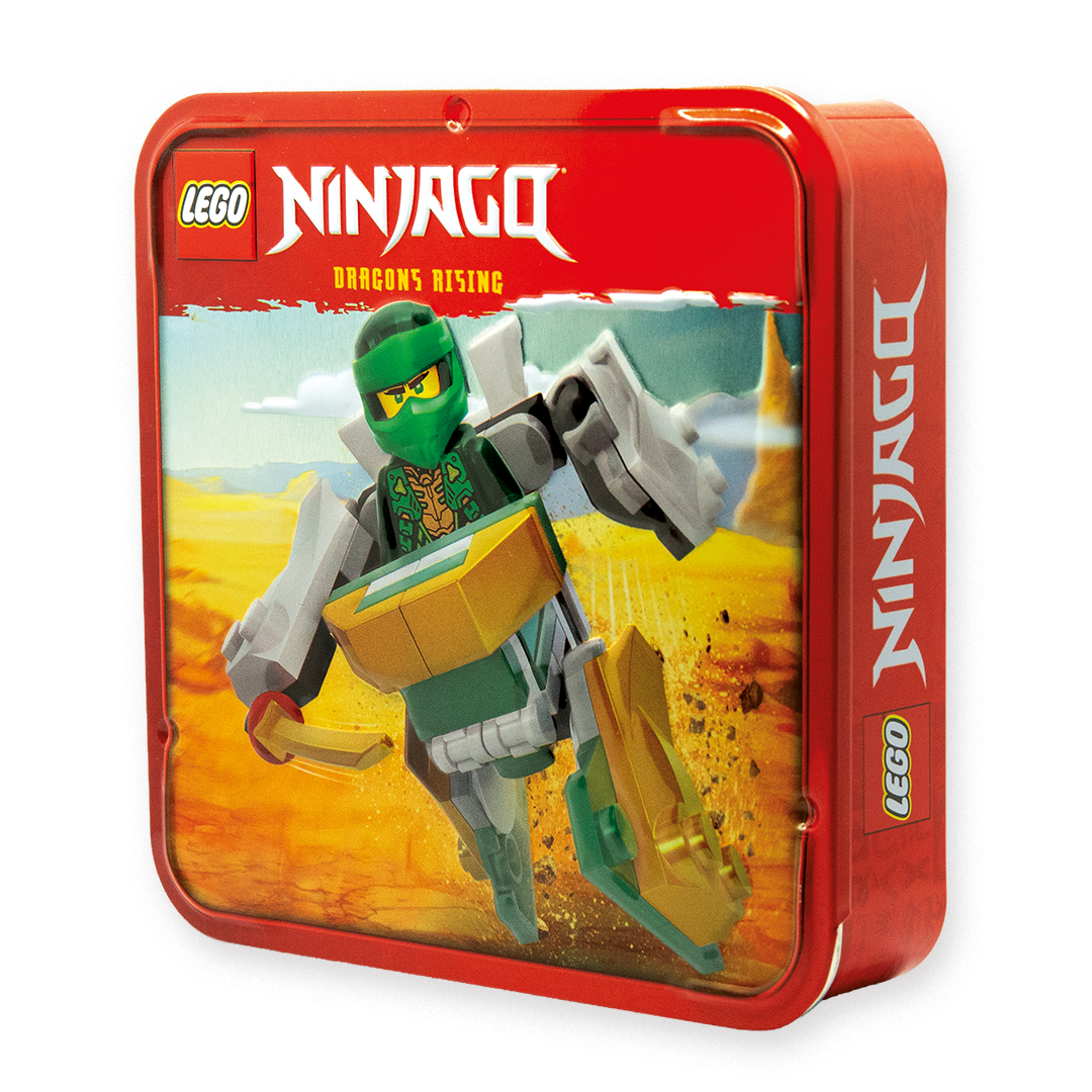 LEGO NINJAGO Spielzeugdose mit grünem Ninja auf einem mechanischen Gleiter in einer Wüstenlandschaft.