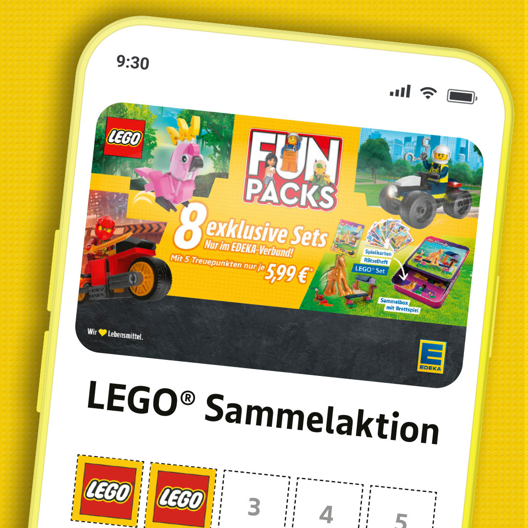 Smartphone mit LEGO-Sammelaktion und digitaler Treuepunktekarte.