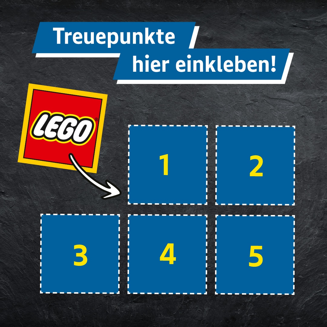 Treuepunkte-Sammelkarte mit fünf Klebefeldern und LEGO-Logo.