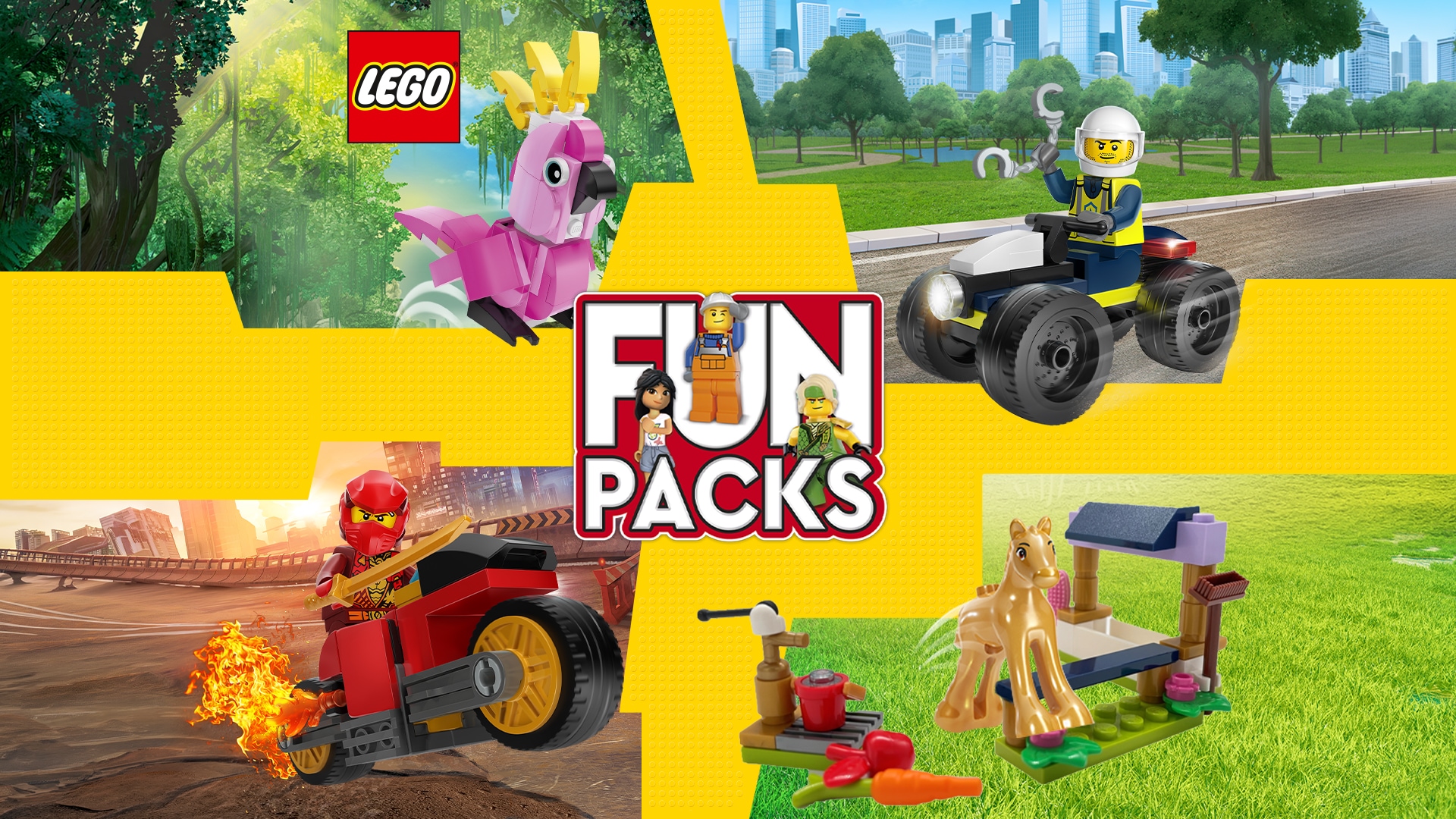 LEGO-Grafik mit „FUN PACKS“ und verschiedenen LEGO-Sets.