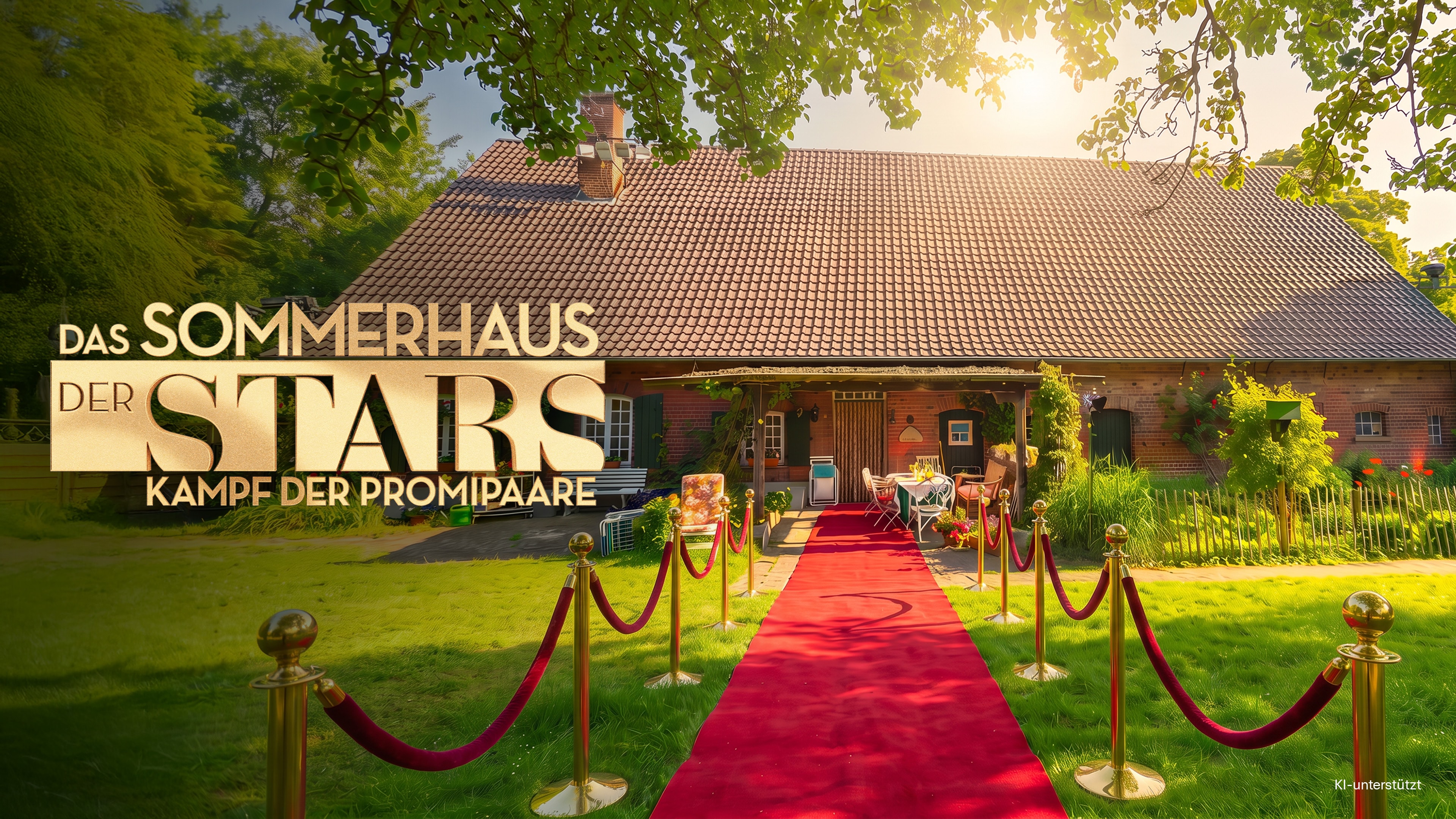 Das Bild zeigt ein Backsteingebäude, mit einem roten Teppich aus der Serie "Das Sommerhaus der Stars - Kampf der Promipaare"