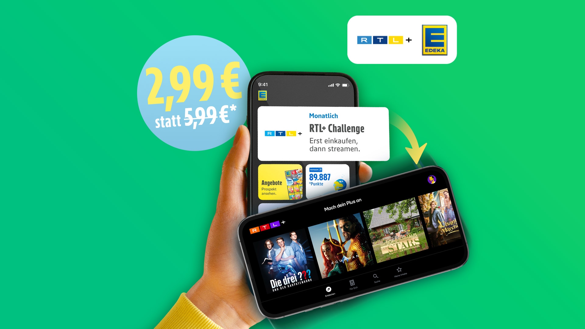 Smartphone mit RTL+-App, Preisaktion „2,99 € statt 5,99 €“ und Hinweis auf die RTL+ Challenge „Erst einkaufen, dann streamen“.