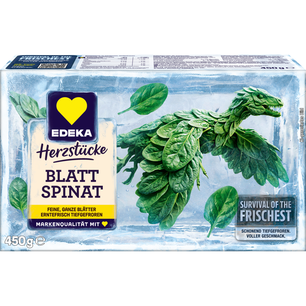 Die Abbildung zeigt die Verpackung des EDEKA Herzstücke Blattspinats. Der Blattspinat bildet dabei eine Form, die einem Dromaeosaurier ähnelt.