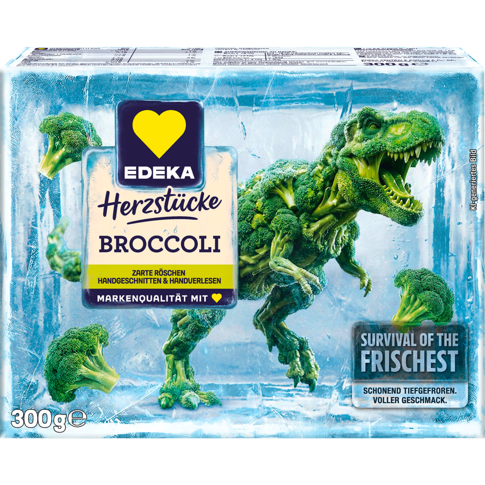 Die Abbildung zeigt die Verpackung des EDEKA Herzstücke Brokkolis. Der Brokkoli bilden dabei die Form eines Tyrannosaurus rex.