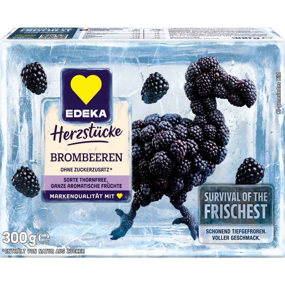 Die Abbildung zeigt die Verpackung der EDEKA Herzstücke Brombeeren. Die Brombeeren bilden dabei die Form eines Dodos.
