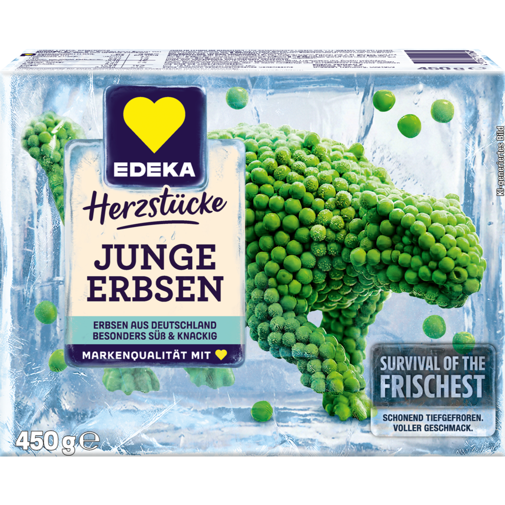 Die Abbildung zeigt die Verpackung der EDEKA Herzstücke junge Erbsen. Die Erbsen bilden dabei die Form eines Ankylosaurus.