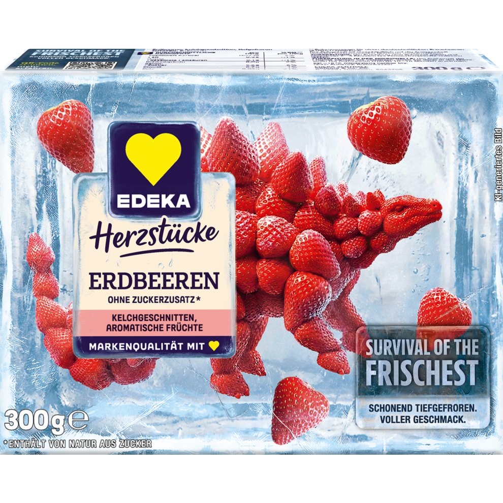 Die Abbildung zeigt die Verpackung der EDEKA Herzstücke Erdbeeren. Die Erdbeeren bilden dabei die Form eines Stegosaurus.