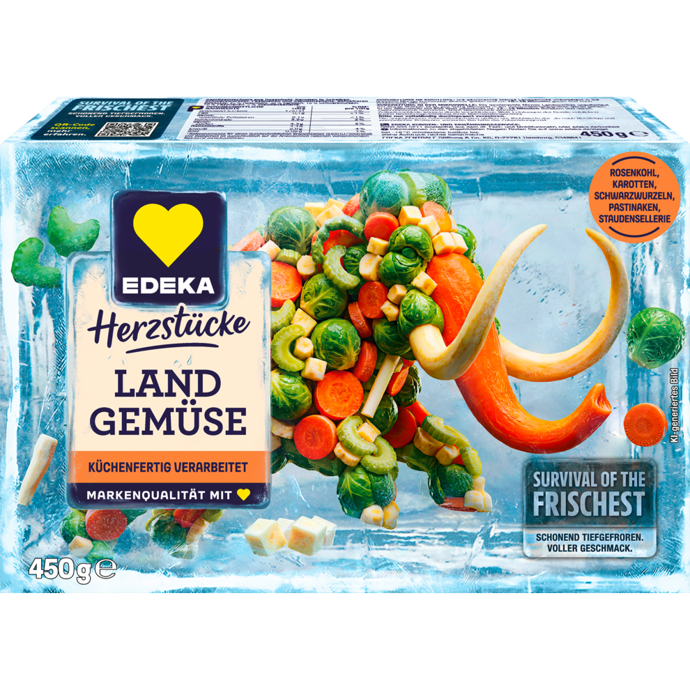 Die Abbildung zeigt die Verpackung des EDEKA Herzstücke Landgemüses. Das Landgemüse bilden dabei die Form eines Mammuts