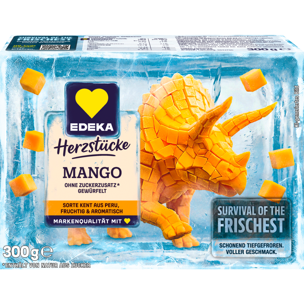 Die Abbildung zeigt die Verpackung der EDEKA Herzstücke Mango. Die Mangos bilden dabei die Form eines Triceratops.
