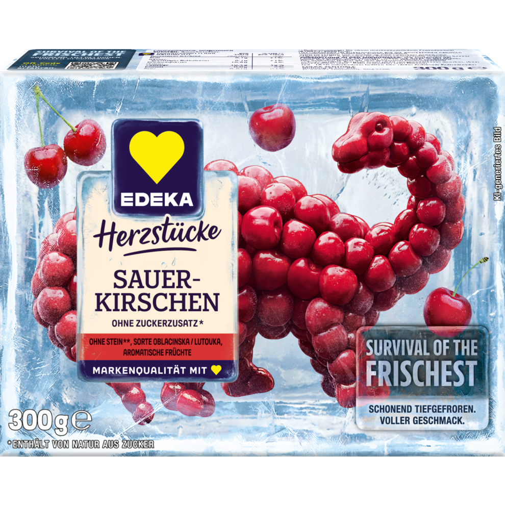 Die Abbildung zeigt die Verpackung der EDEKA Herzstücke Sauerkirschen. Die Kirschen bilden dabei die Form eines Sauropoden..