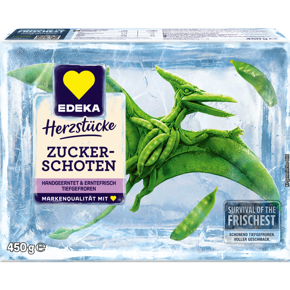 Die Abbildung zeigt die Verpackung der EDEKA Herzstücke Zuckerschoten. Die Zuckerschoten bilden dabei die Form eines Pteranodon