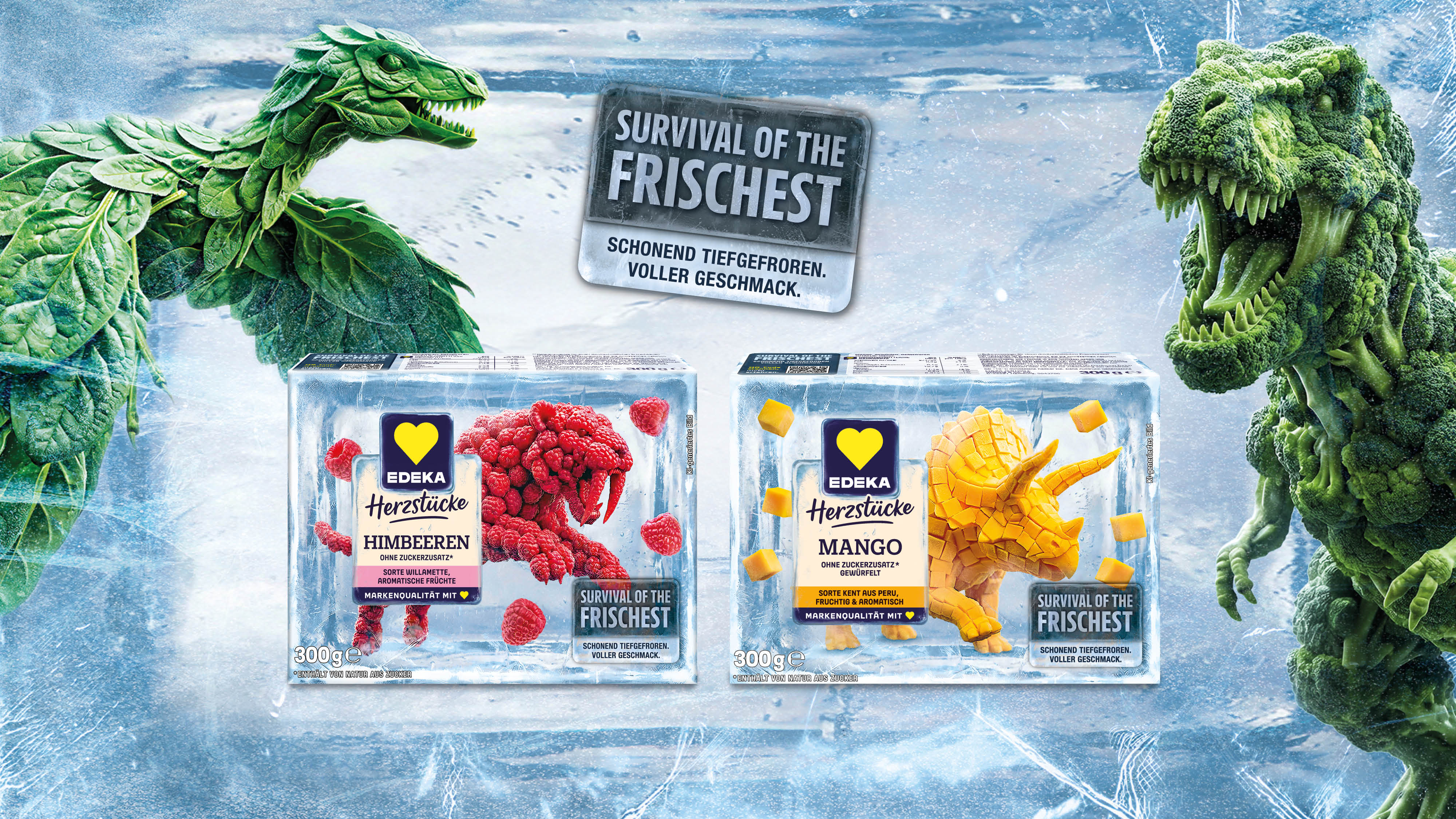 Motiv mit EDEKA Herzstücke gefrorenen Himbeeren und Mangostücken in Eisblöcken, flankiert von Dinosauriern aus Blattgemüse und Brokkoli.