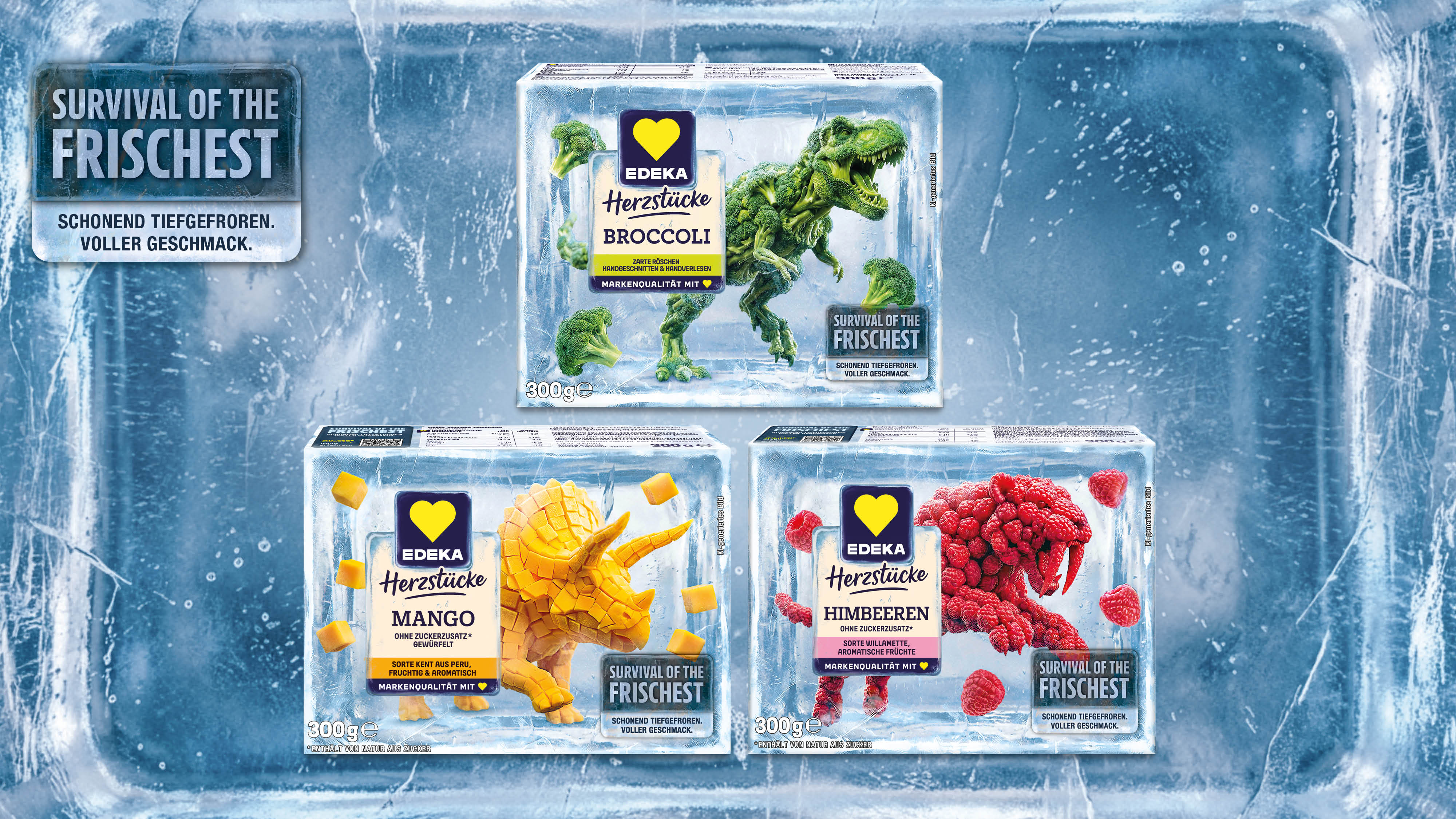 Tiefgekühlter Brokkoli, Mango und Himbeeren von EDEKA Herzstücke als Dinosaurier im Eisblock.